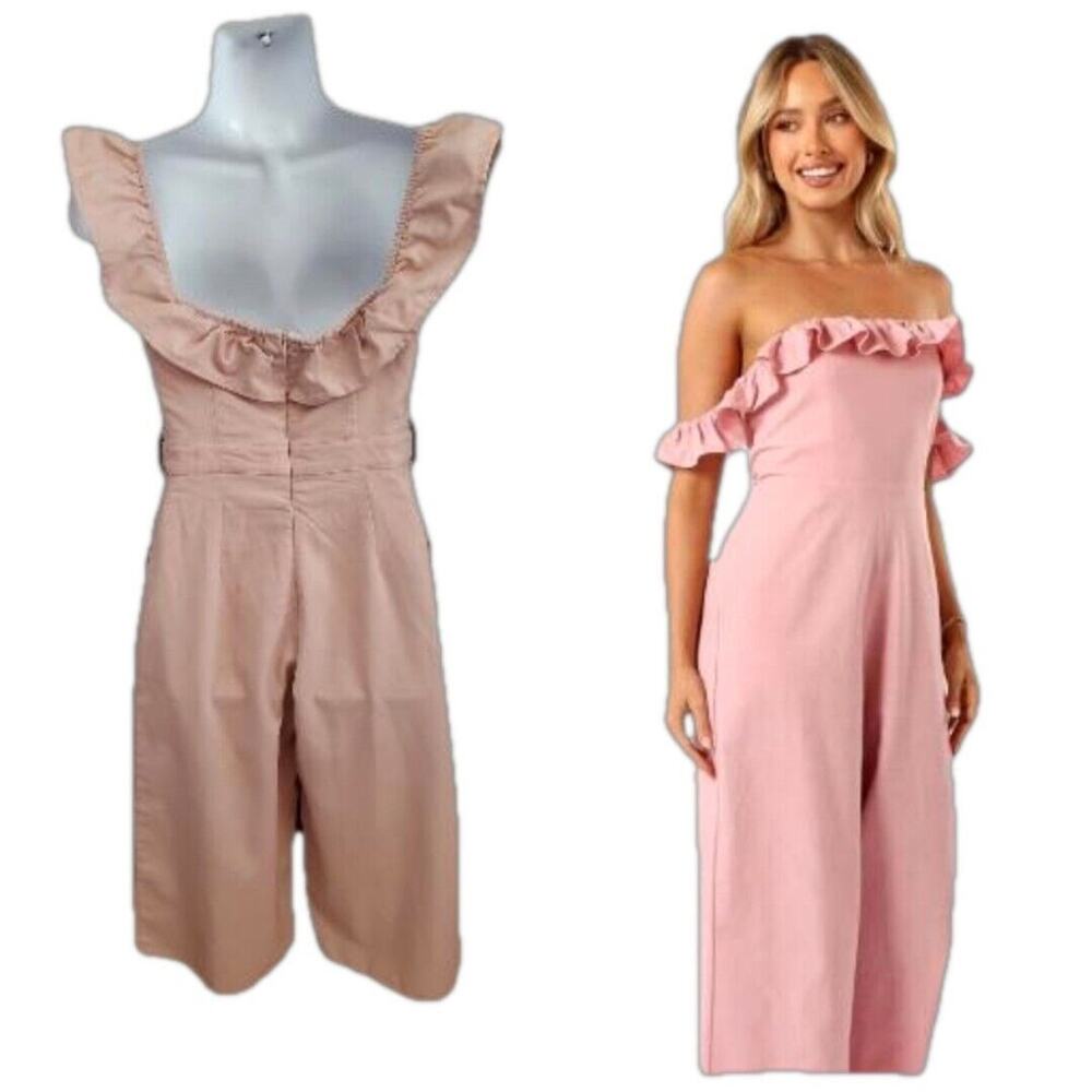ShowPo Wide Leg Crop Jumpsuit Blush Pink Ruffle Neckline Size 4 Viscose Linen
